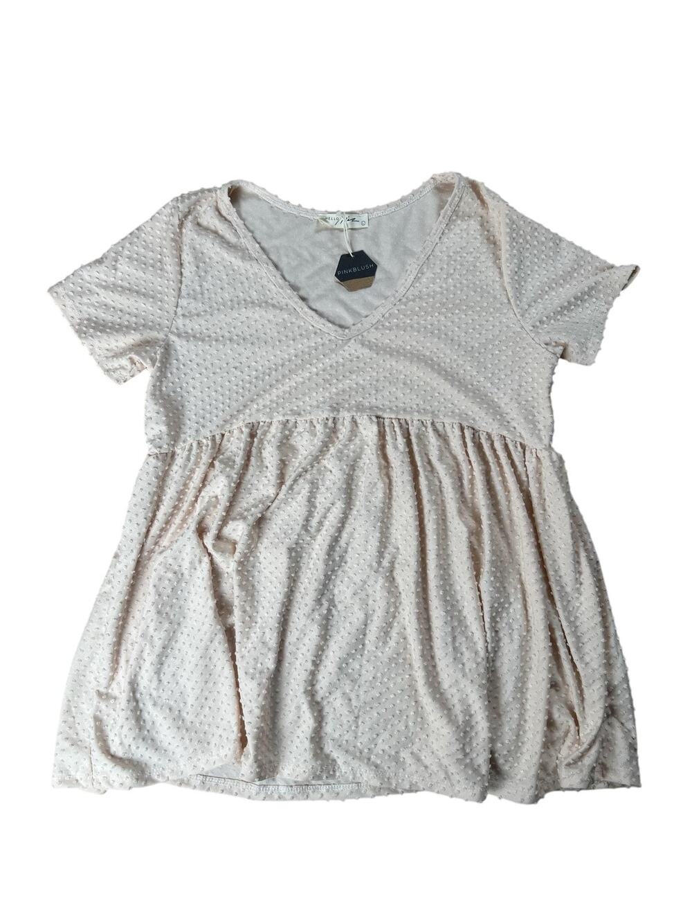 PinkBlush Blouse Womens L Pink V-Neck Short Sleeve Jersey Ruffle Polka Dot